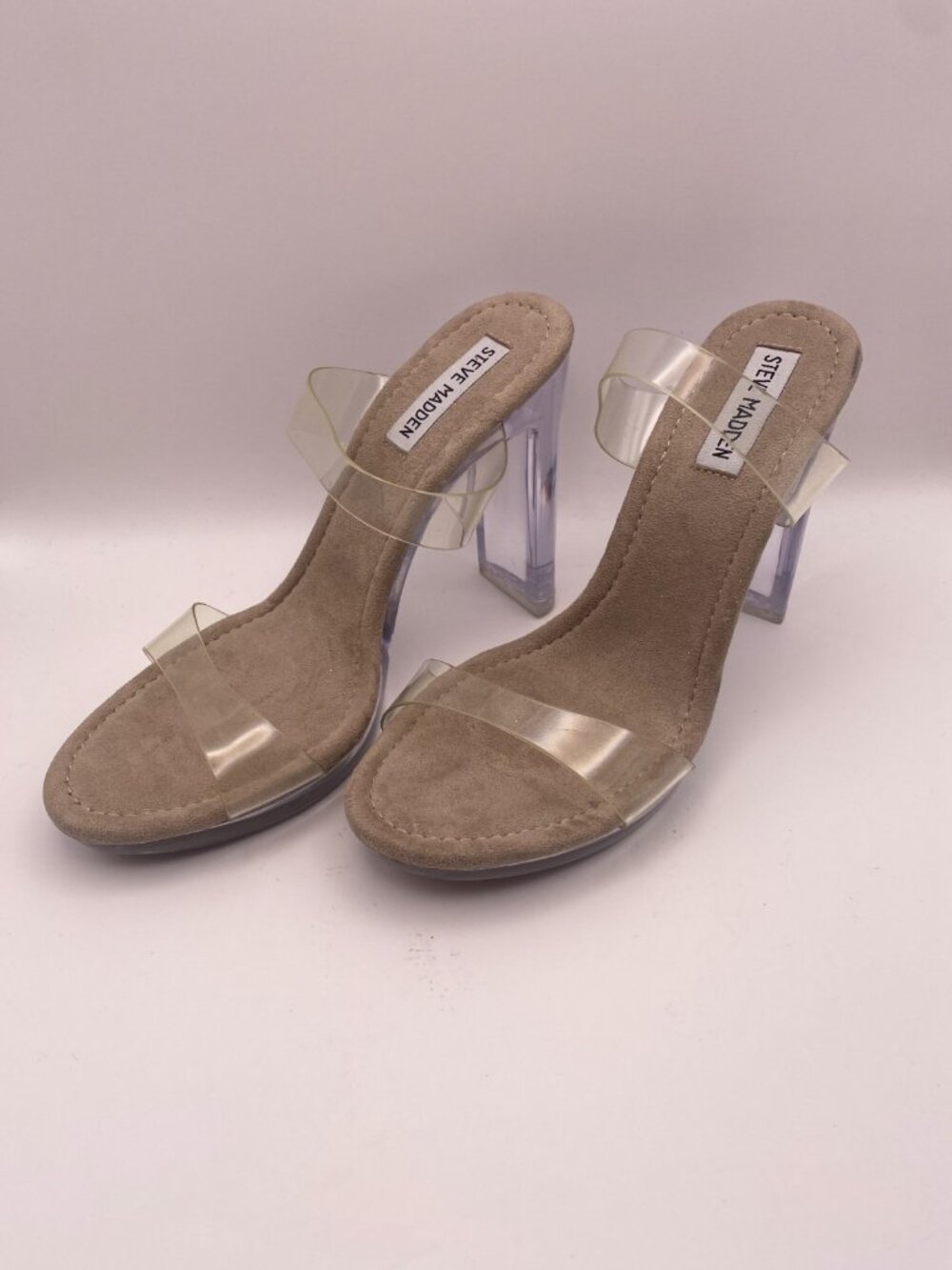Steve Madden - Womens ‘Glassy’ Clear Plastic & Gray Taupe Block Heels Sz 8.5